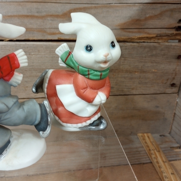 Pair of Skating Bunnies Christmas Figurines Homco Home Interior Holiday Decor - Picture 2 of 7